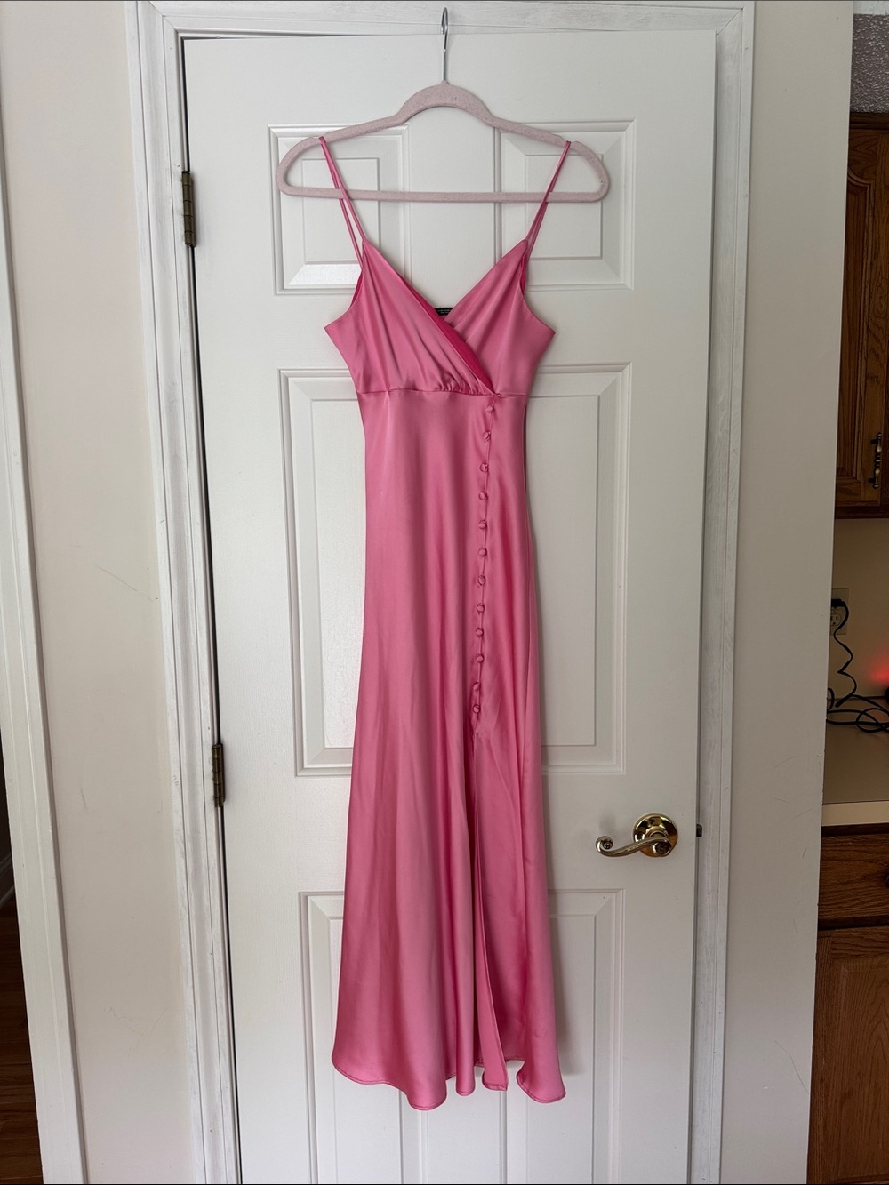 Zara Pink Satin Slip Maxi Dress with Button Front